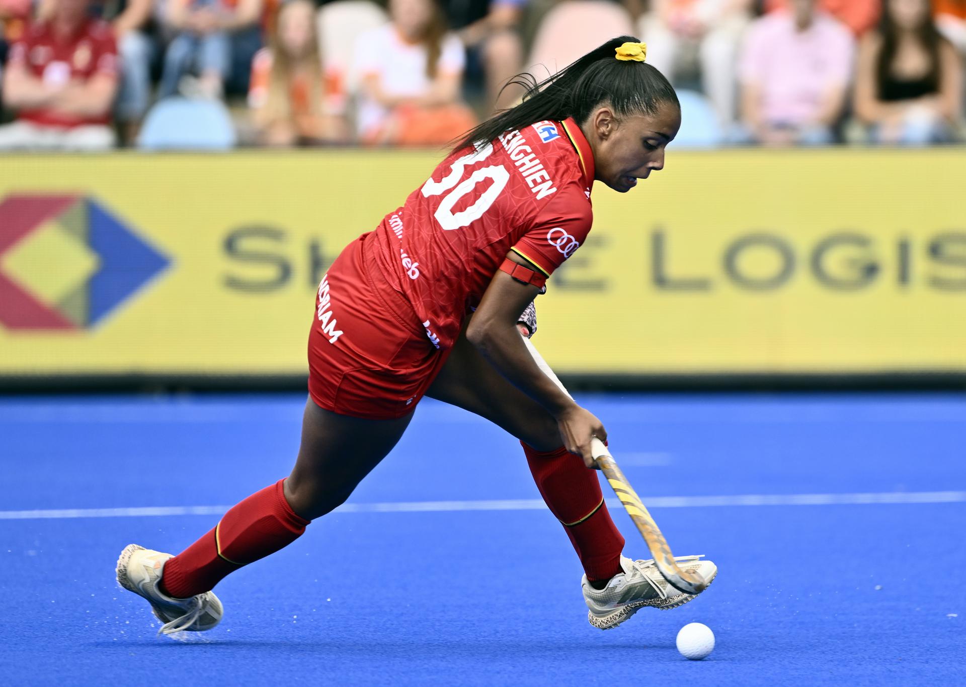 Belgium's Ambre Ballenghien pictured in action during a hockey game between Spain and the Belgian national team Red Panthers, the 'small final' to decide on the bronze medal of the 2025 women's European championships, Sunday 17 August 2025 in Monchengladbach, Germany. BELGA PHOTO ERIC LALMAND