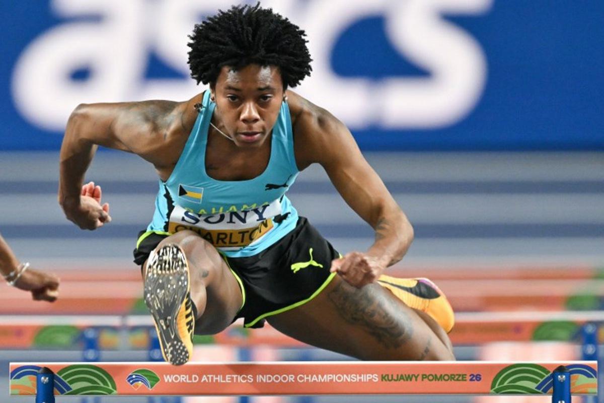 Bahamas' Devynne Charlton competes in the women's 60 metres hurdles heat 4 during the World Athletics Indoor Championships Kujawy Pomorze 2026 in Torun, Poland on March 22, 2026.  Andrej ISAKOVIC / AFP