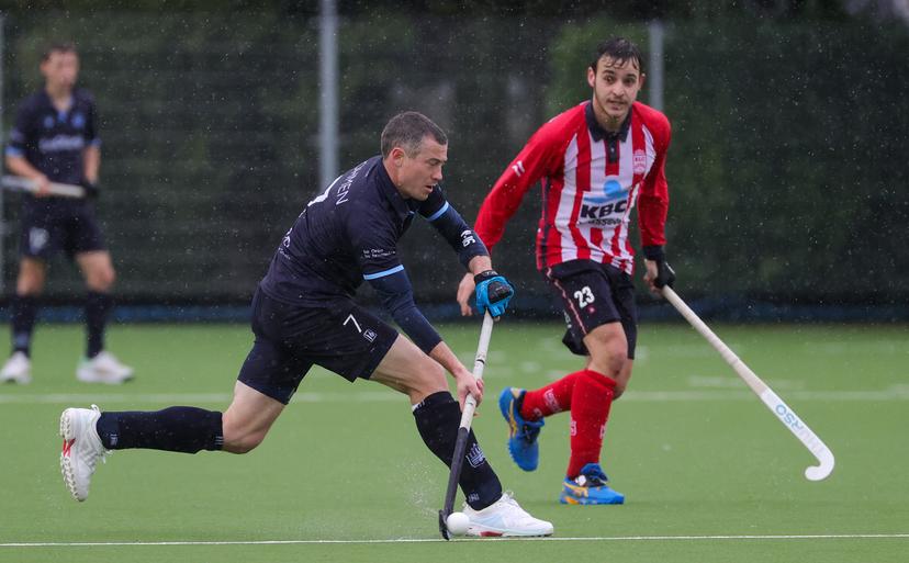 Oree's John-John Dohmen fights for the ball during a hockey game between Royal Royal Oree HC and Royal Leopold Club, Sunday 26 March 2023 in Brussels, on day 11 of the Belgian Men Hockey League season 2022-2023. BELGA PHOTO VIRGINIE LEFOUR