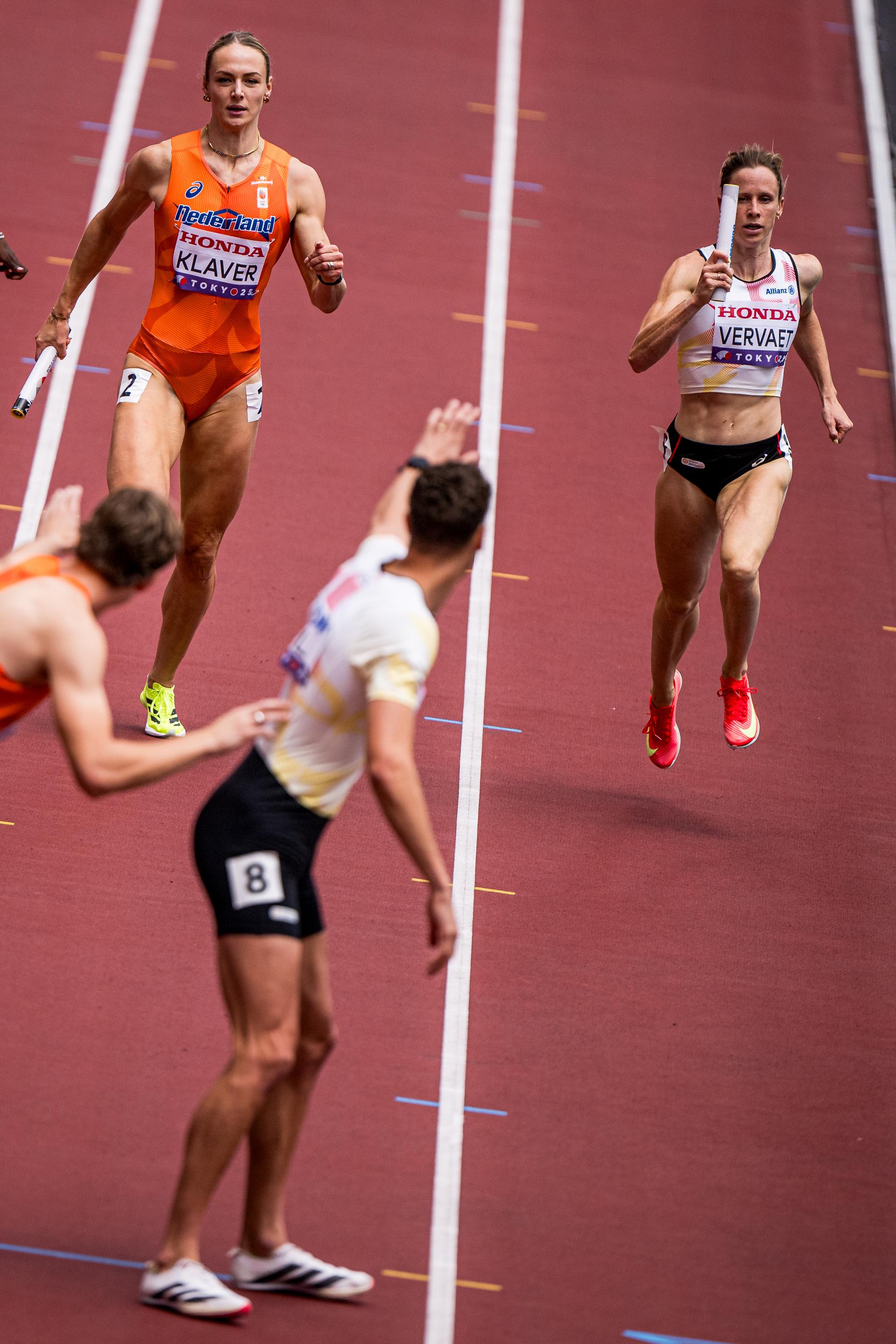 Belgian Dylan Borlee and Belgian Imke Vervaet pictured in action during the World Athletics Championships in Tokyo, Japan, on Saturday 13 September 2025. The outdoor Worlds are taking place from 13 to 21 September. BELGA PHOTO JASPER JACOBS