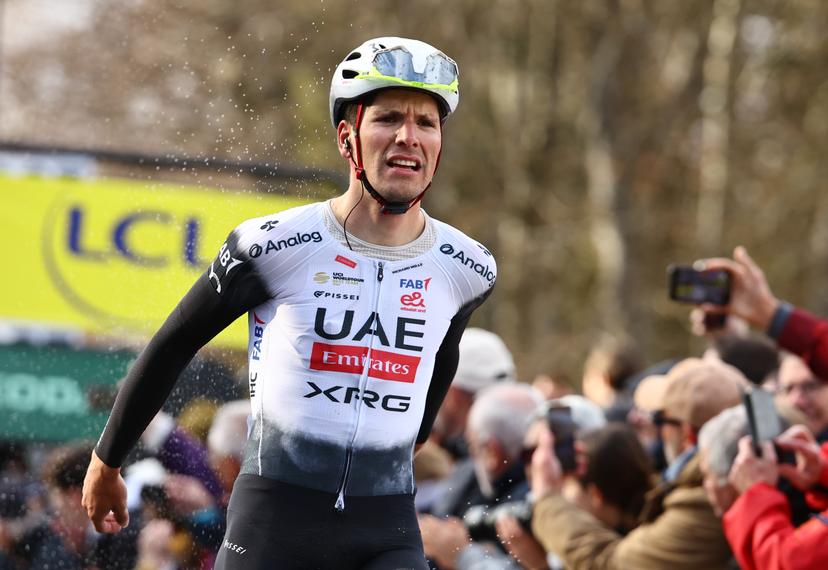 Portuguese Joao Almeida of UAE Team Emirates celebrates after winning stage four of the 83th edition of the Paris-Nice cycling race, 163,4km from Vichy to La Loge des Gardes, France, Wednesday 12 March 2025. BELGA PHOTO DAVID PINTENS