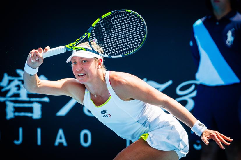 Belgian Yanina Wickmayer pictured in action during a tennis match against French Gracheva, in round 1 of the women's singles tournament at the 'Australian Open' Grand Slam, Monday 15 January 2024 in Melbourne Park, Melbourne, Australia. The 2024 edition of the Australian Grand Slam takes place from January 14th to January 28th. BELGA PHOTO PATRICK HAMILTON