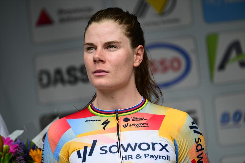 2nd place Lotte Kopecky pictured on the podium of the women's elite race (137km) at the Belgian Cycling Championships, in Brasschaat, on Sunday 28 June 2026. BELGA PHOTO TOM GOYVAERTS