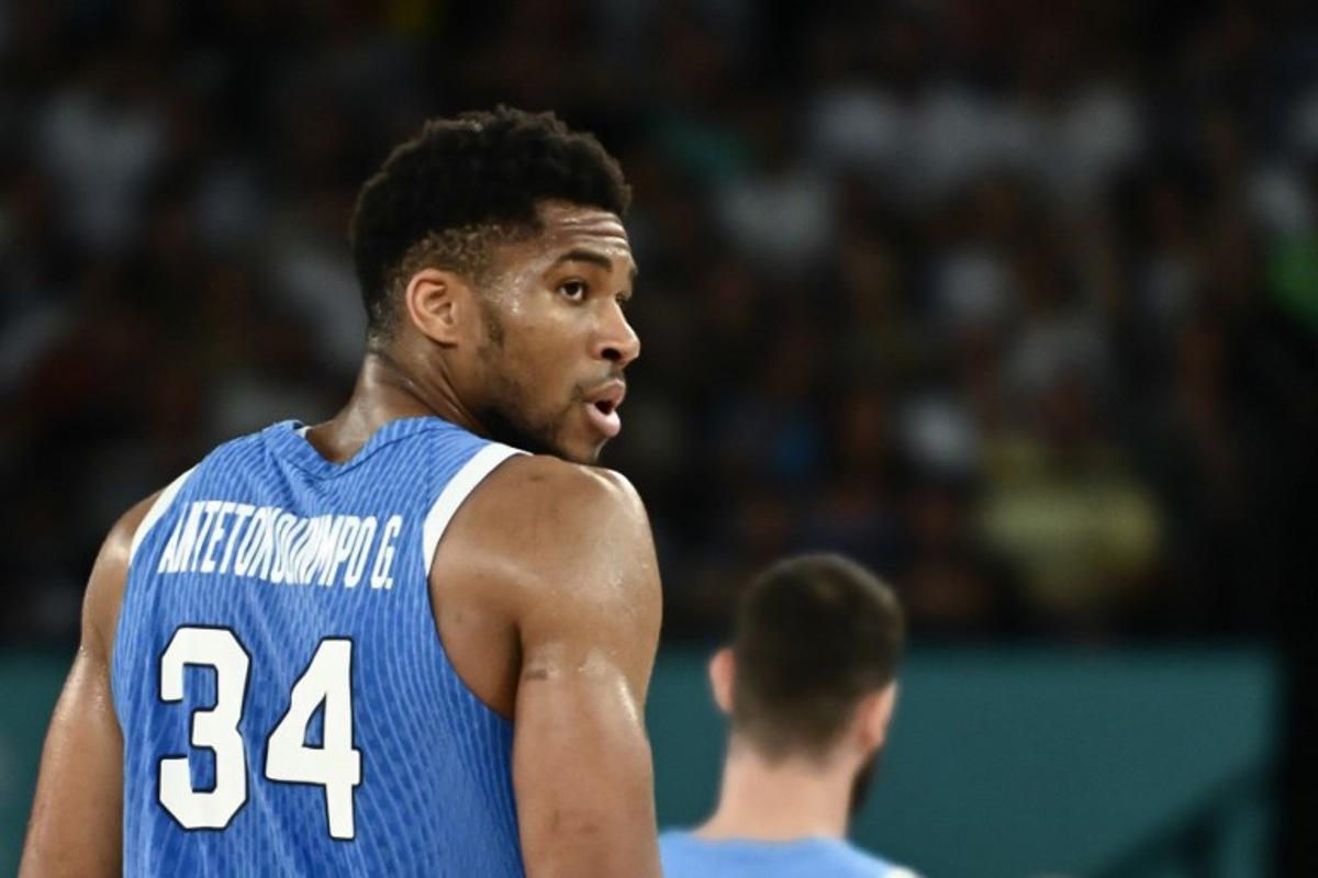 Greece's #34 Giannis Antetokounmpo looks on in the men's quarterfinal basketball match between Germany and Greece during the Paris 2024 Olympic Games at the Bercy  Arena in Paris on August 6, 2024.  Aris MESSINIS / AFP