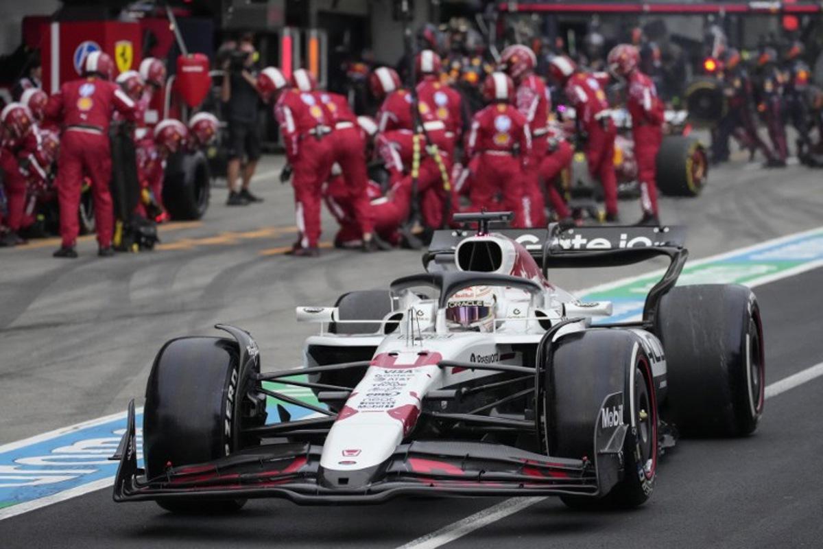 Red Bull Racing's Dutch driver Max Verstappen drives through the pits during the Formula One Japanese Grand Prix at the Suzuka circuit in Suzuka, Mie prefecture, Japan on April 6, 2025.  Shuji Kajiyama / POOL / AFP