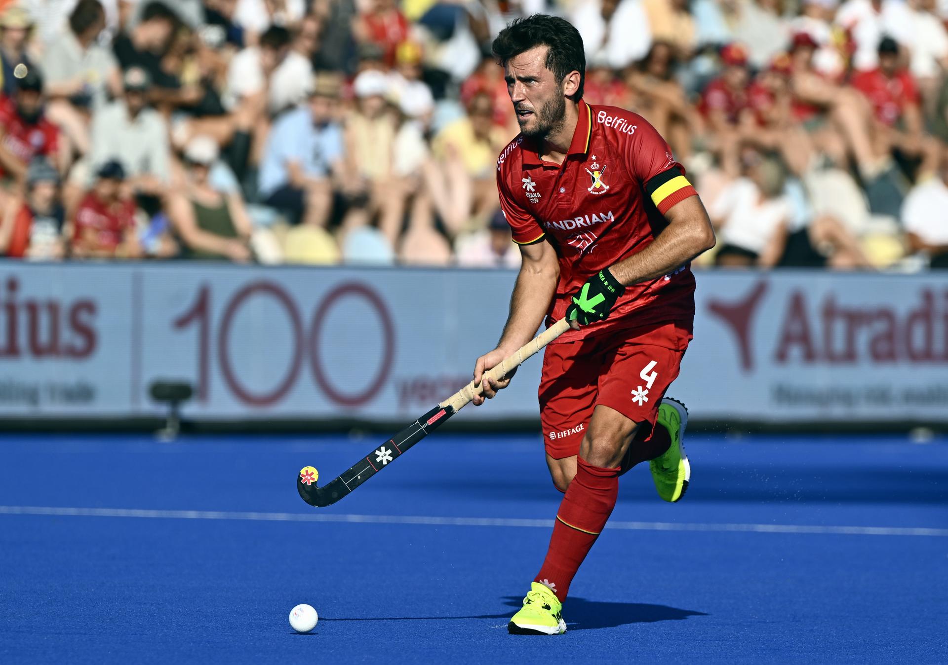 Belgium's Arthur Van Doren pictured in action during a hockey game between Belgian national team Red Lions and The Netherlands, match 2/3 in the pool stage of the 2025 men's European championships, Sunday 10 August 2025 in Monchengladbach, Germany. BELGA PHOTO ERIC LALMAND