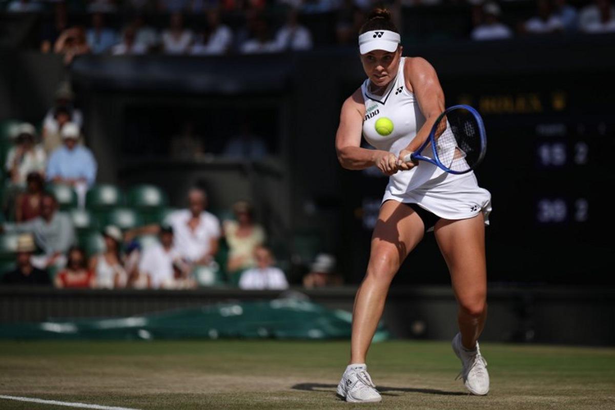 Czech Republic's Linda Noskova returns to Ukraine's Marta Kostyuk during their women's singles semi-final tennis match on the eleventh day of the 2026 Wimbledon Championships at The All England Lawn Tennis and Croquet Club in Wimbledon, southwest London, on July 9, 2026.  Henry NICHOLLS / AFP