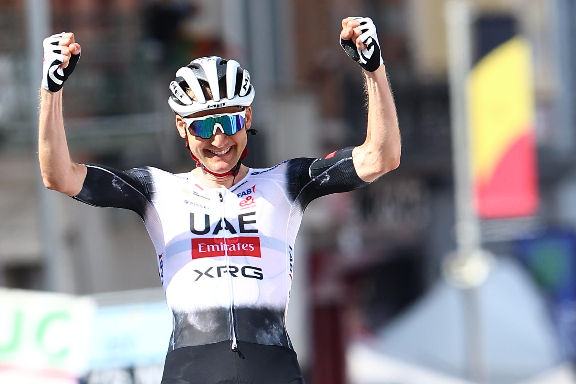 Belgian Tim Wellens of UAE Team Emirates celebrates as he wins the men's elite road race of the Belgian Cycling Championships, 230km from and to the Grand Place square in Binche on Sunday 29 June 2025. BELGA PHOTO DAVID PINTENS