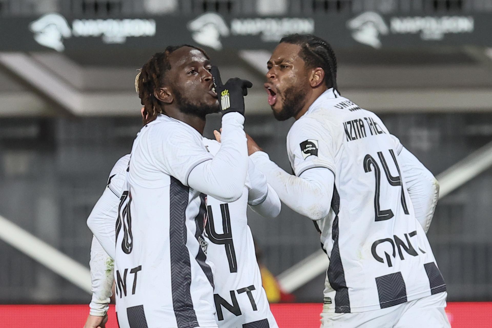 Charleroi's Mardochee Nzita Theto celebrates after scoring during a soccer game between Sporting Charleroi and KV Mechelen, in the 1/8 final of the Croky Cup Belgian cup, Thursday 04 December 2025 in Charleroi. BELGA PHOTO BRUNO FAHY