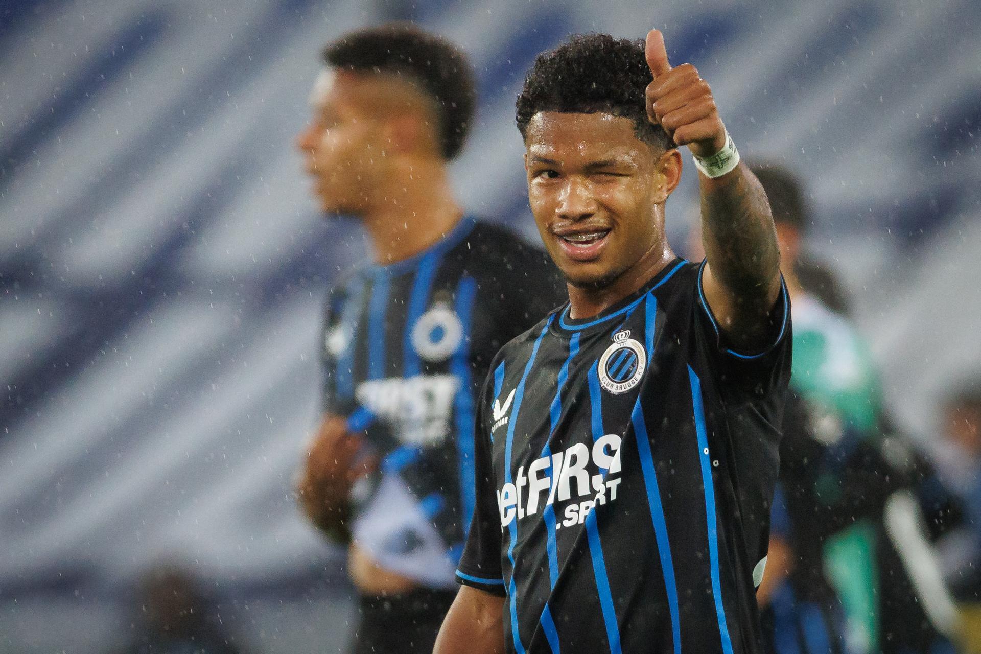 Club's Shandre Cambell celebrates after scoring during a soccer game between Club Brugge KV and Eendracht Aalst Lede (3N), in the 1/16 final of the Croky Cup Belgian cup, Wednesday 29 October 2025 in Brugge. BELGA PHOTO KURT DESPLENTER