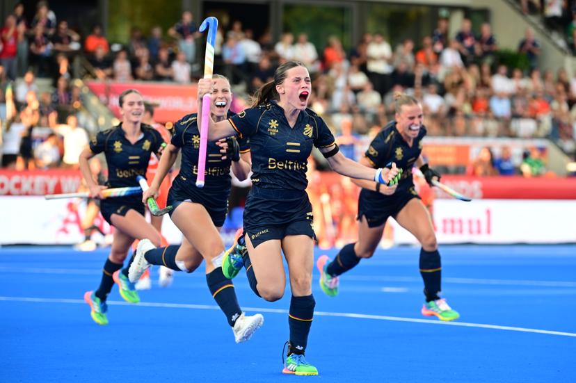 Belgium's Famke van Heel pictured celebrating after scoring during a field hockey game between Belgian national team Red Panthers and Netherlands, at the women's 2026 Hockey World Cup, on Thursday 27 August 2026 in Amsterdam. The 2026 edition of the Hockey World Cup takes place in Belgium and The Netherlands from August 15 to August 30. BELGA PHOTO DIRK WAEM