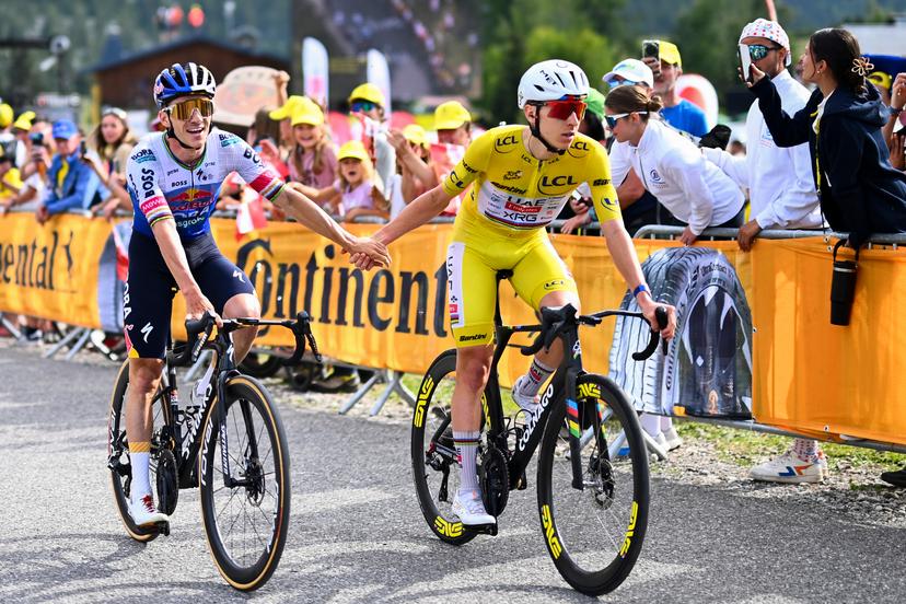 Belgian Remco Evenepoel of Red Bull-BORA-hansgrohe and Slovenian Tadej Pogacar of UAE Team Emirates XRG pictured after stage 15 of the 2026 Tour de France cycling race, a stage of 184km from Champagnole to Plateau de Solaison, on Sunday 19 July 2026. The 113th edition of the Tour de France starts on Saturday 4 July in Barcelona, Spain, and will finish in Paris, France on the 26th of July. BELGA PHOTO POOL GREGORY VAN GANSEN