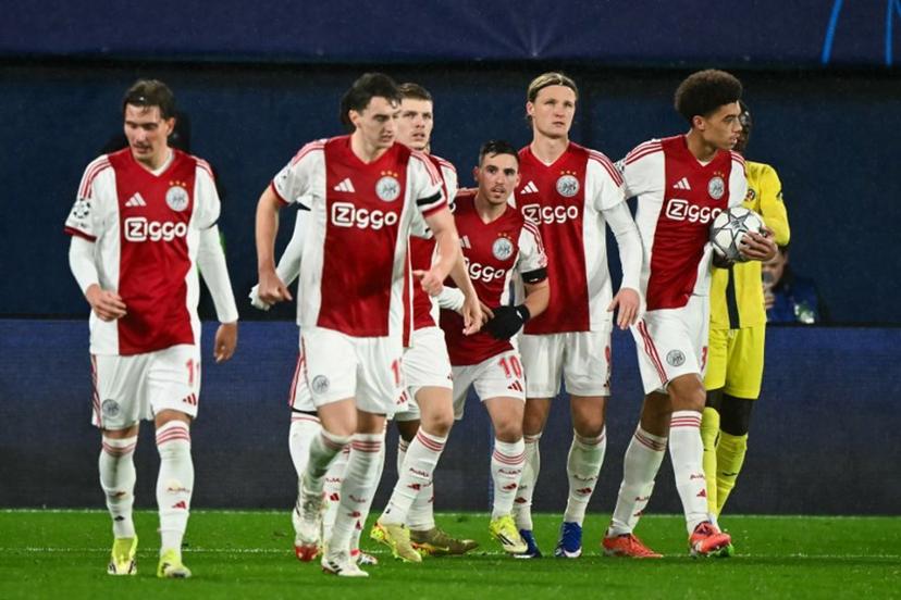 Ajax's Israeli midfielder #10 Oscar Gloukh (C) celebrates with teammates after scoring his team's first goal during the UEFA Champions League league phase day 7 football match between Villarreal CF and Ajax at La Ceramica Stadium in Vila-real on January 20, 2026.  JOSE JORDAN / AFP