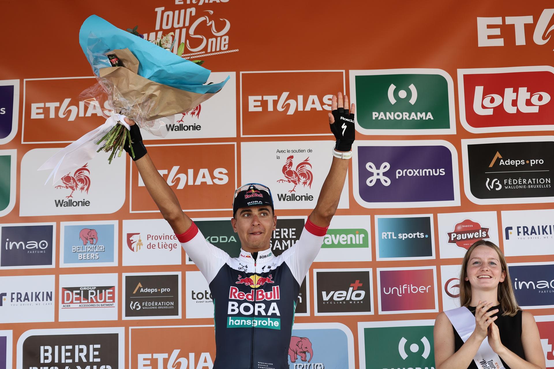 Italian Davide Donati (Red Bull Bora Hansgrohe) celebrates on the podium after winning the third stage of the Tour De Wallonie cycling race, from Estinnes to Antoing (165,3km), on Monday 28 July 2025. BELGA PHOTO BRUNO FAHY