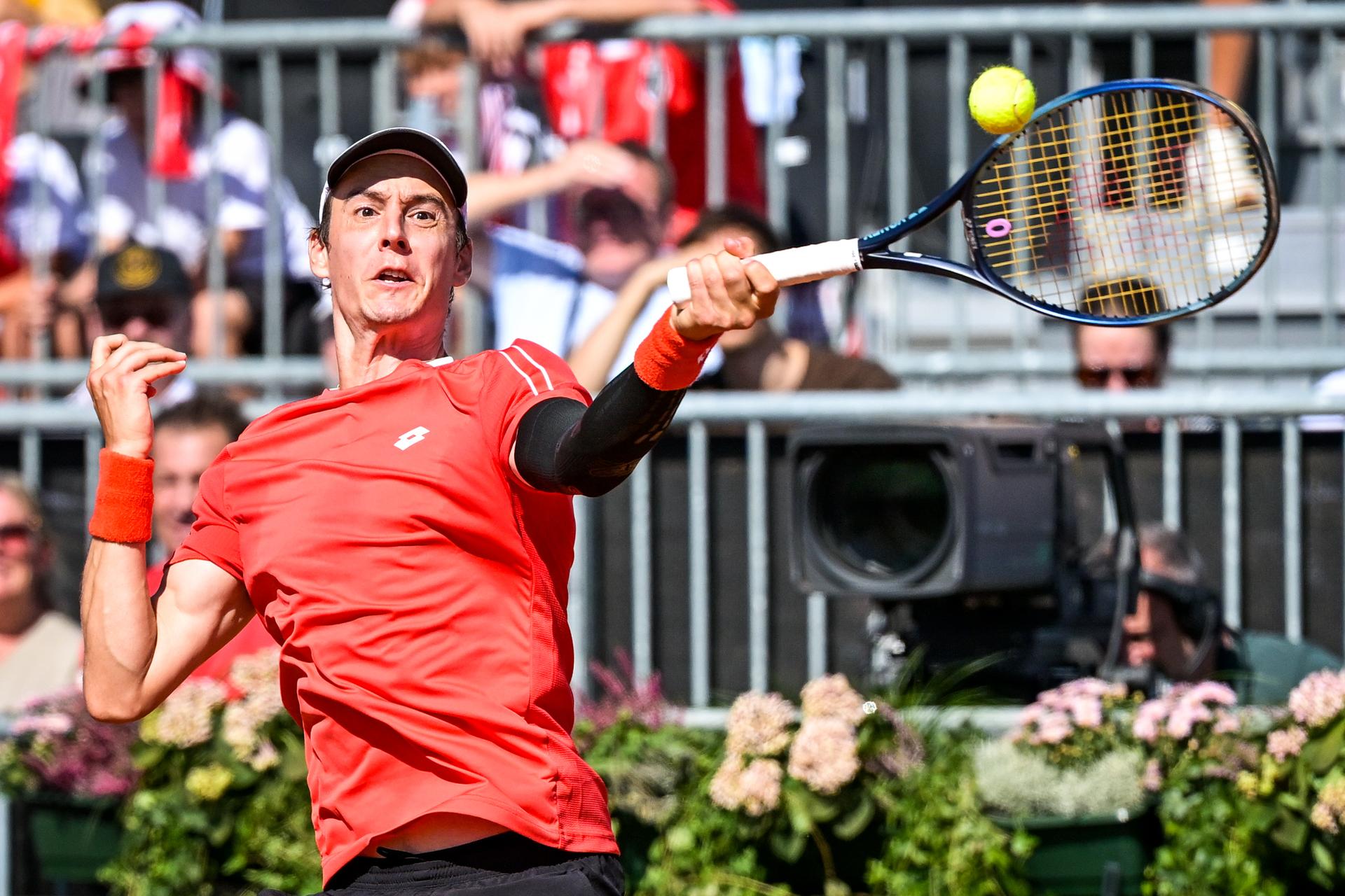 Belgian Joran Vliegen is pictured in action during a tennis match between Austrian pair Miedler/Oberleitner and Belgian pair Gille/ Vliegen, the third rubber in the tie between Austria and Belgium, qualifiers for the Davis Cup tournament, on Saturday 19 September 2026 in Vienna, Austria. BELGA PHOTO DAVID PINTENS