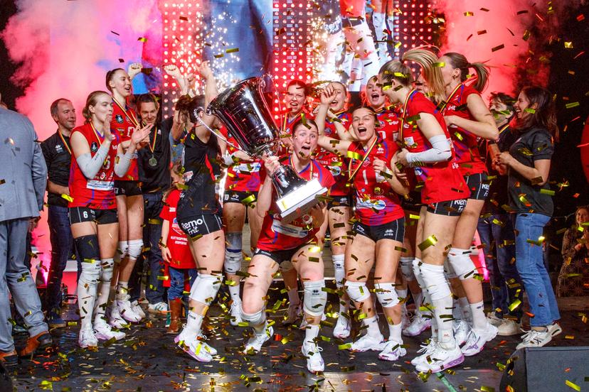 Asterix's players celebrate after winning the match between Asterix Avo Beveren and Gent, the final match in the women Belgian volleyball cup competition, Sunday 02 March 2025 in Merksem, Antwerp. BELGA PHOTO HATIM KAGHAT