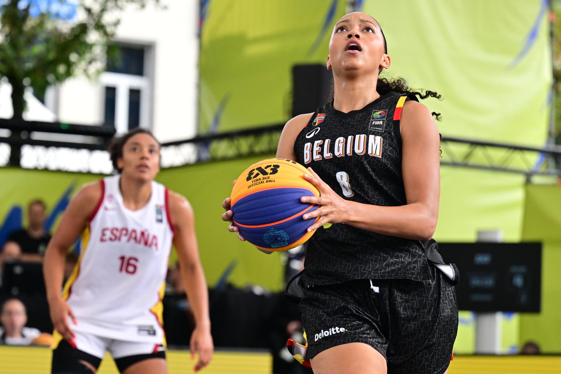 Belgium's Sarah Dossou pictured during a 3x3 basketball game between Spain and Belgium, a quarter-finals game the women's FIBA 3x3 Europe Cup, on Sunday 13 September 2026 in Antwerp. BELGA PHOTO DIRK WAEM