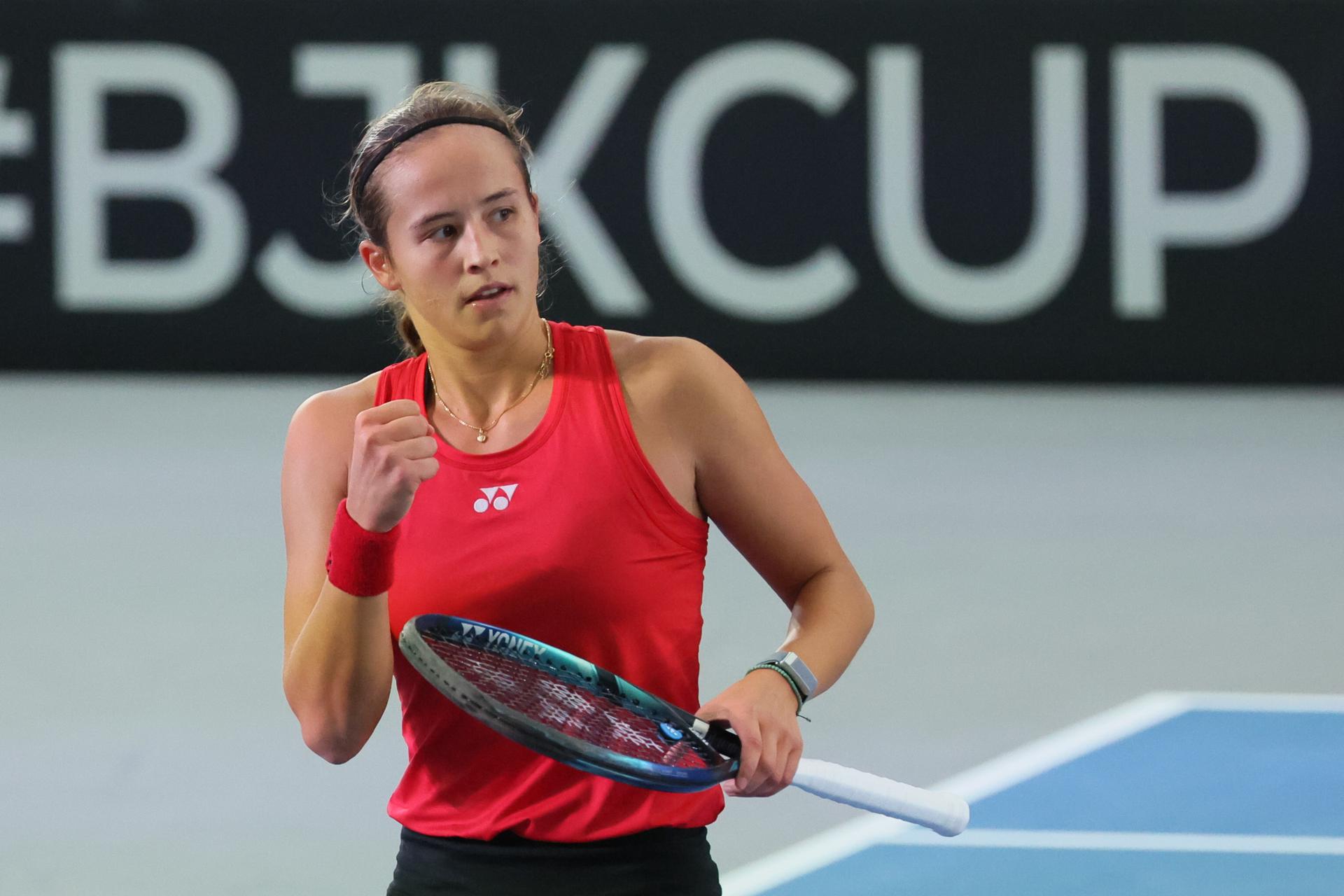 Belgian Hanne Vandewinkel reacts during a tennis match against German Seidel, the second match of the meeting between Belgium and Germany in the Billie Jean King Cup Play-offs, on Sunday 16 November 2025 in Ismaning, Germany. PHOTO BENOIT DOPPAGNE