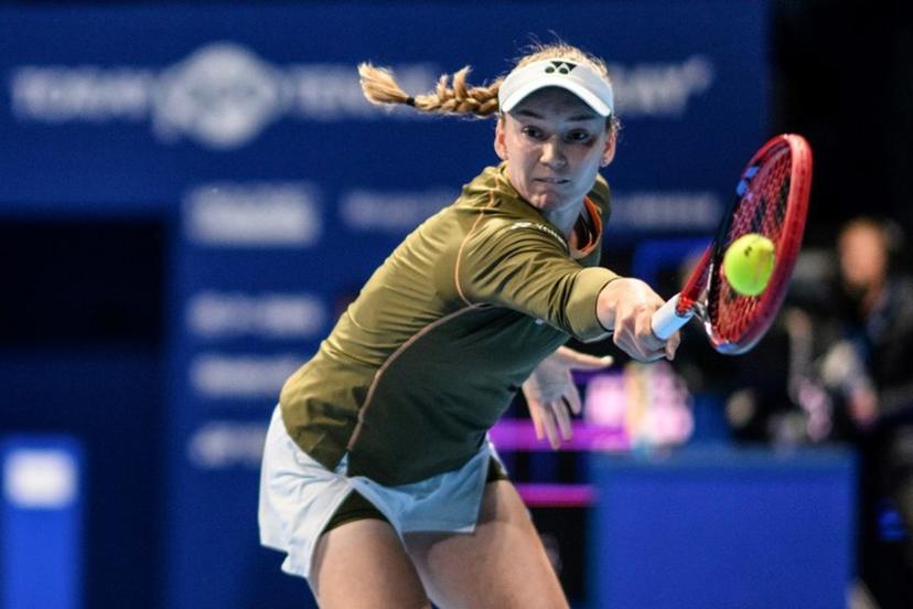 Kazakhstan's Elena Rybakina hits a return to Canada's Victoria Mboko during their women's singles match at the Pan Pacific Open tennis tournament in Tokyo on October 24, 2025.  Philip FONG / AFP
