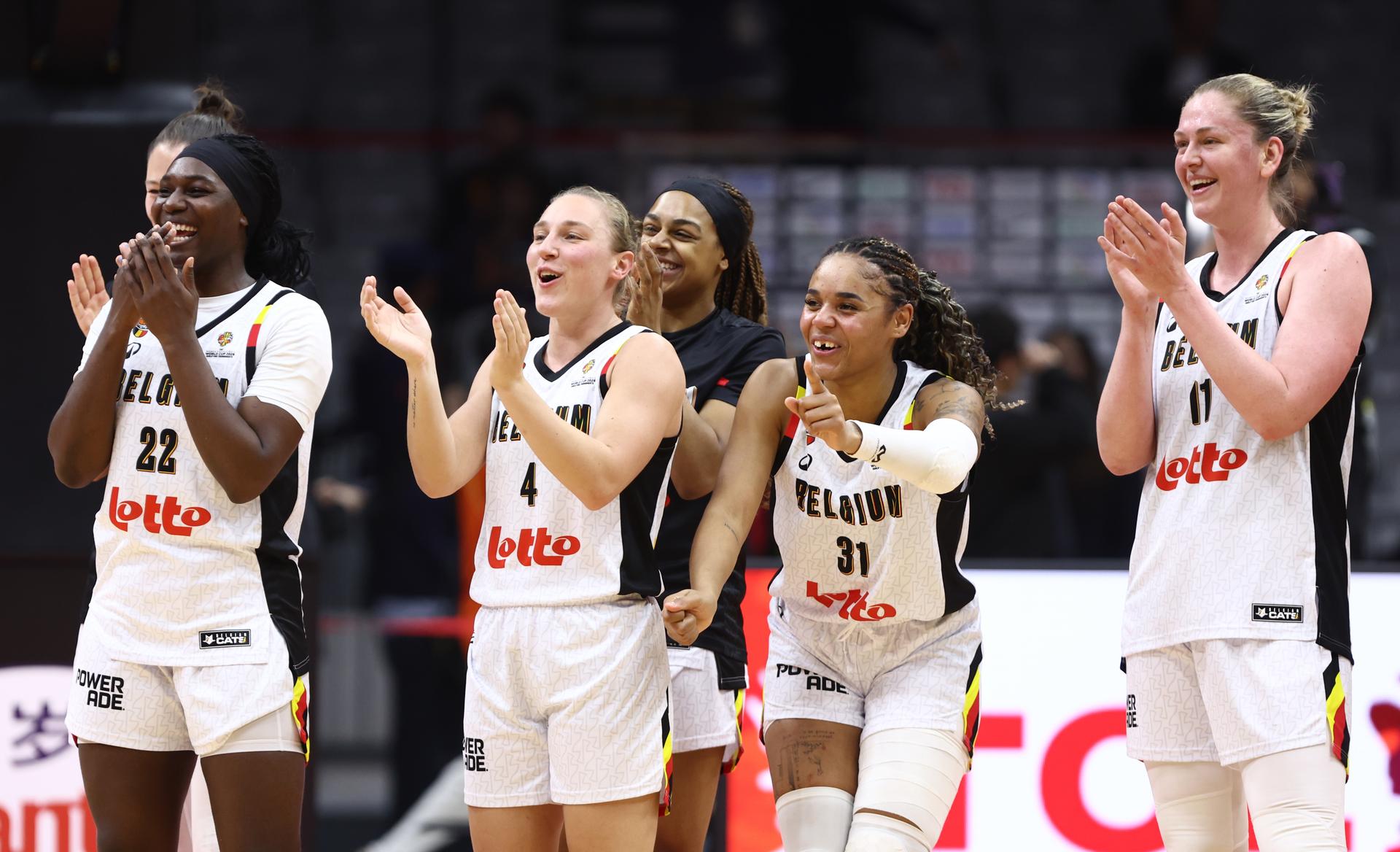 Belgian Cats' players celebrate after winning a basket game between China and Belgium's national team Belgian Cats, in Wuhan, China, on Thursday 12 March 2026, the second game (out of 5) of the qualifications phase for the World Cup Basket tournament. BELGA PHOTO NIKOLA KRSTIC