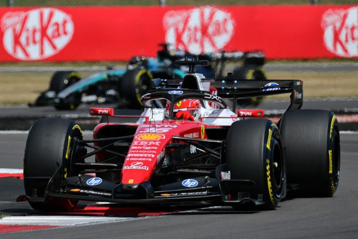 Ferrari's Monegasque driver Charles Leclerc leads during the Formula One British Grand Prix at the Silverstone motor racing circuit in Silverstone, central England, on July 5, 2026.  Andrej ISAKOVIC / AFP