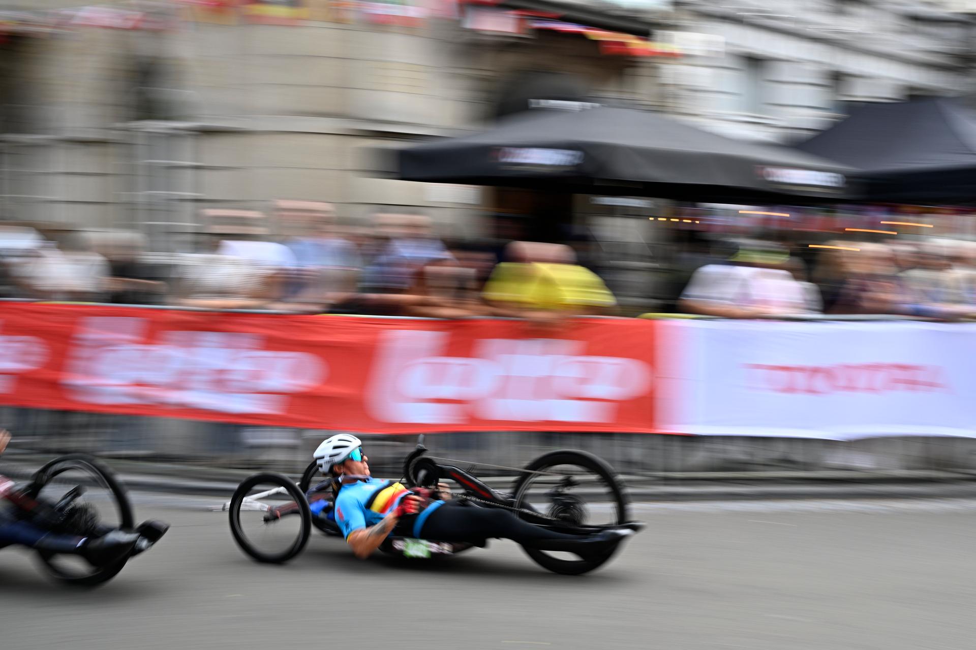 Belgium Jean-Francois Deberg (MH3) pictured in action during the road race at the UCI Para-cycling Road World Championships, Saturday 30 August 2025, in Ronse. The UCI Para-Cycling Road World Championships take place from 28 to 31 Augustus in Ronse. BELGA PHOTO JASPER JACOBS