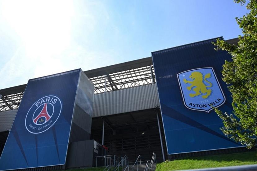 Banners announce the Football Supercup football match Paris Saint Germain vs Aston Villa, at the stade in Salzburg, on Juli 10, 2026.   BARBARA GINDL / APA / AFP