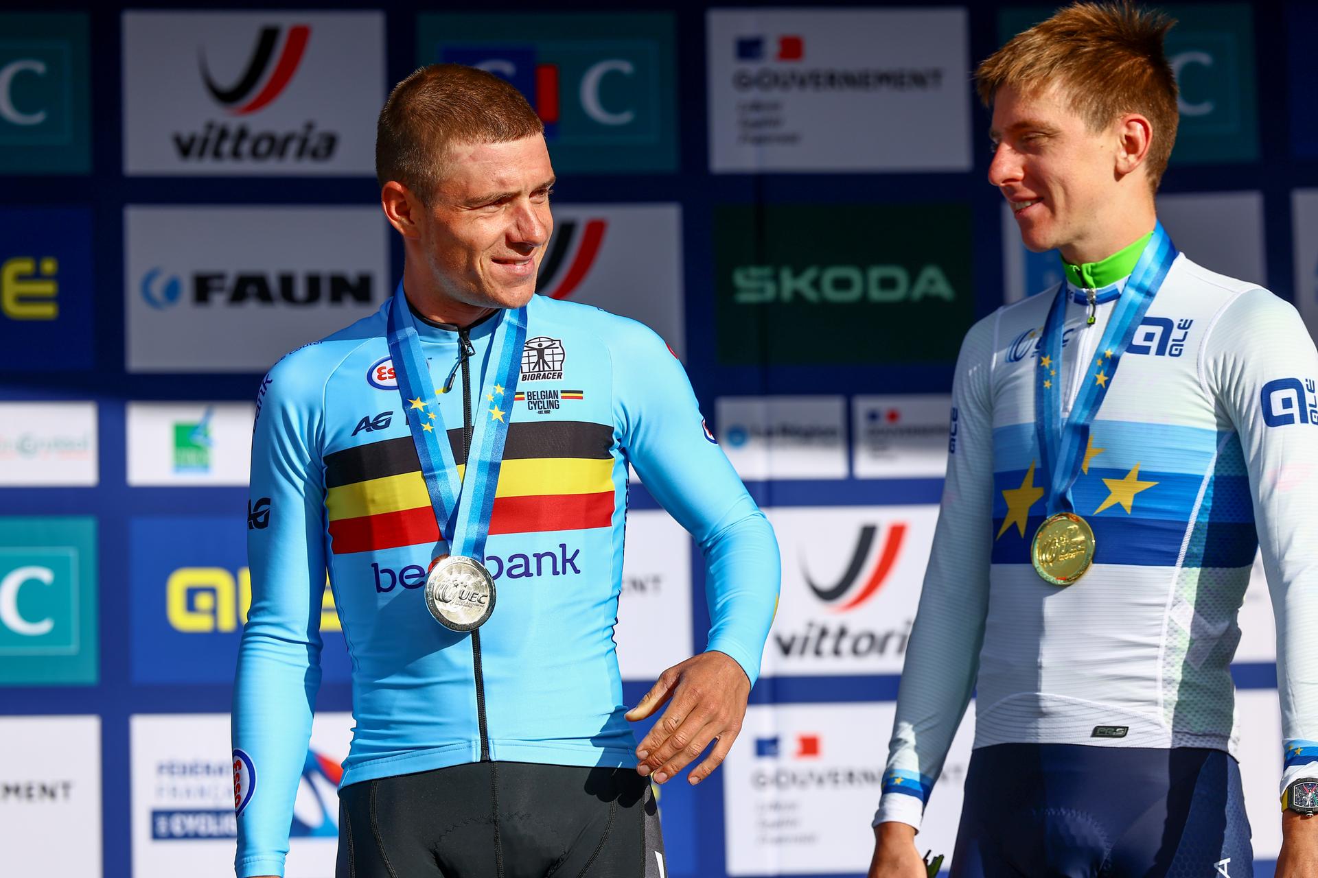 Belgium Remco Evenepoel and Slovenia Tadej Pogacar pictured on the podium after the Men Elite raod race, a 202,5 km from Privas to Guilherand-Granges, at the UEC road European cycling championships, Sunday 05 October 2025, France. The European cycling championships Drome-Ardeche takes place from 1 to 5 October, France. BELGA PHOTO DAVID PINTENS