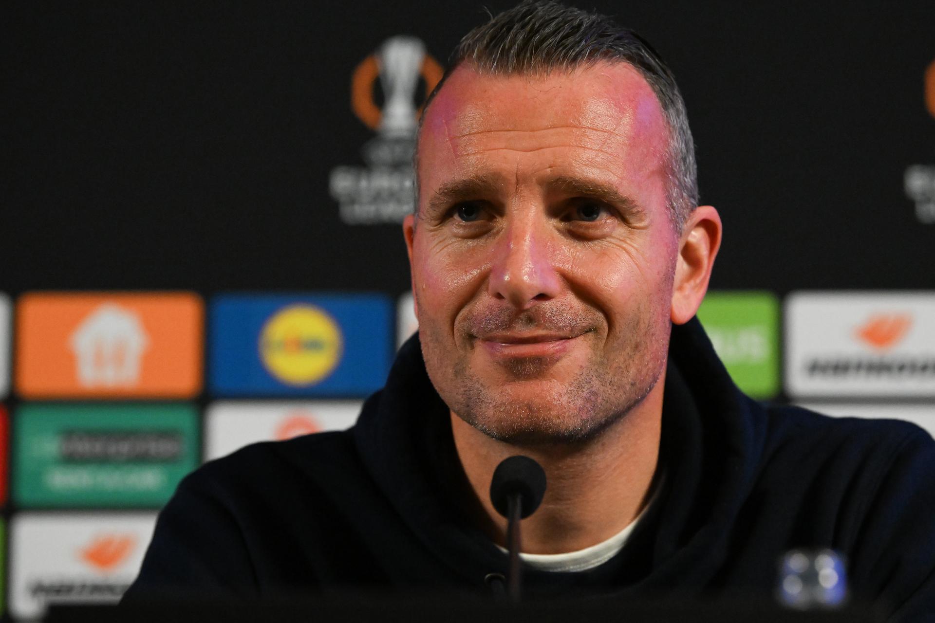 Genk's head coach Nicky Hayen pictured during a press conference of Belgian soccer team KRC Genk, Wednesday 25 February 2026 in Genk. The team is preparing for tomorrow's match against Croatian GNK Dinamo Zagreb, in the play-off for the knockout phase of the UEFA Europa League tournament. Genk won the first leg 1-3. BELGA PHOTO JILL DELSAUX