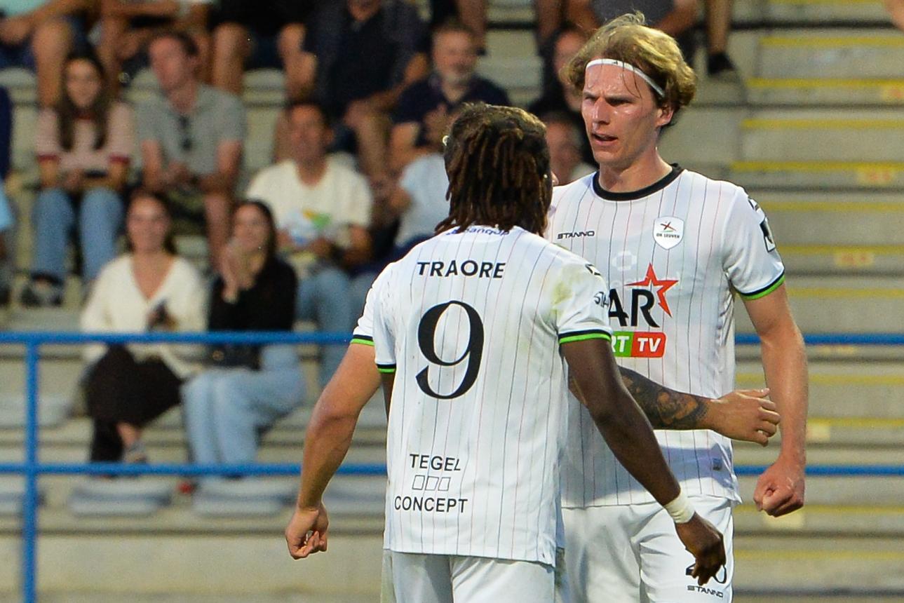 OHL's Ewoud Pletinckx celebrates after scoring during a soccer match between FCV Dender EH and Oud-Heverlee Leuven, Sunday 24 August 2025 in Denderleeuw, on day 5 of the 2025-2026 'Jupiler Pro League' first division of the Belgian championship. BELGA PHOTO JILL DELSAUX