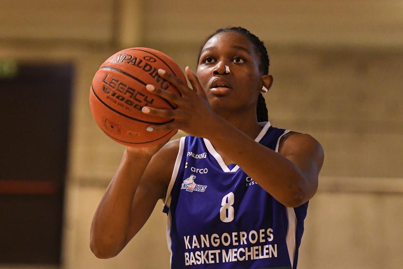 Mechelen's Annie Kibedi pictured in action during a basketball match between Royal Castors Braine and Kangoeroes Mechelen, Tuesday 22 April 2025, in Braine-l'Alleud, a 3rd leg best-of-3 game in the play-offs finals of the Women's Top Division Belgian basketball competition. BELGA PHOTO JILL DELSAUX