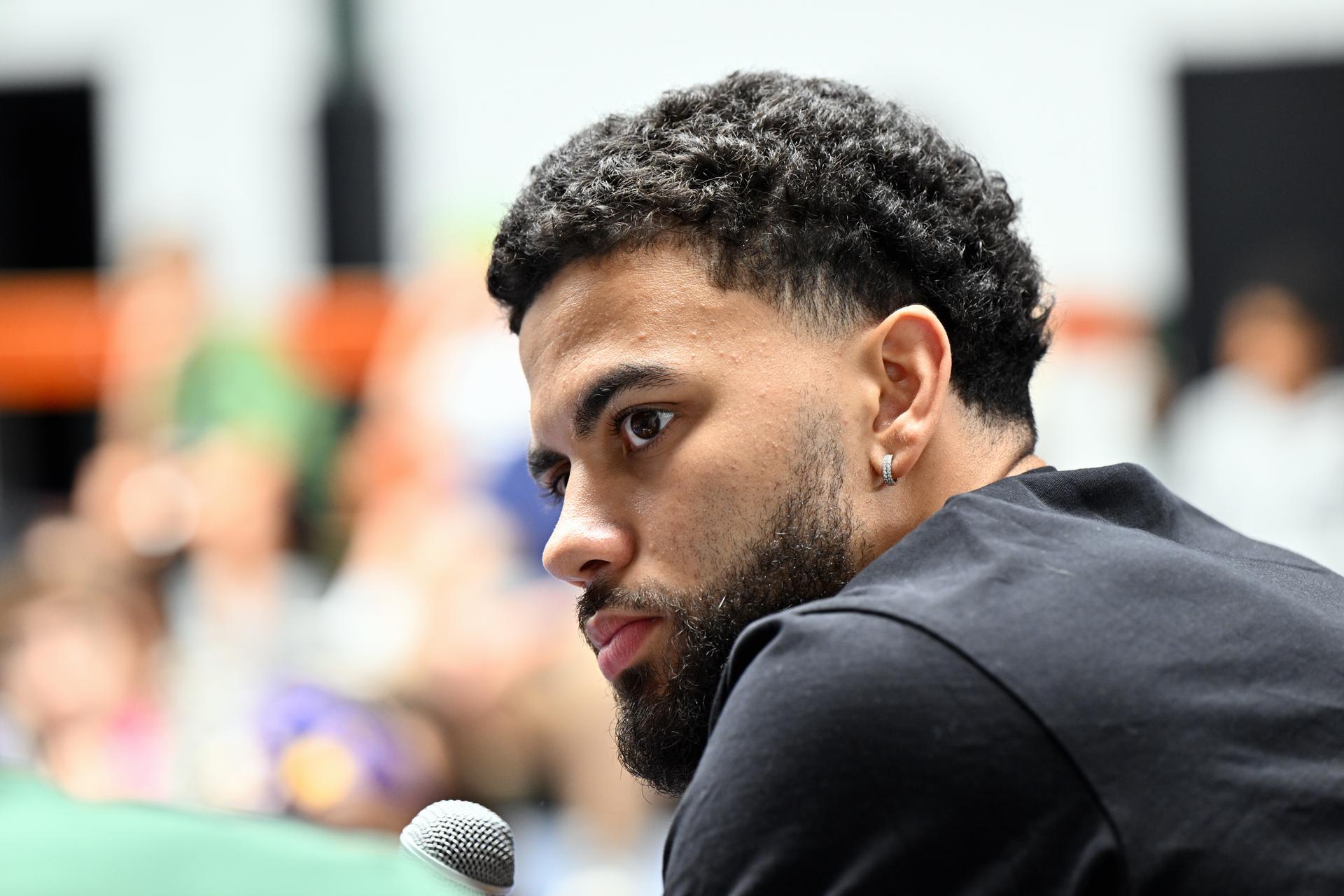Ajay Mitchell pictured during a press conference regarding the NBA US basketball competition on Wednesday 30 July 2025 in Ans. Oklahoma City Thunder, featuring Belgian point guard Mitchell, won the league. BELGA PHOTO ERIC LALMAND
