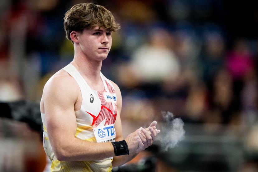 Belgian athlete Jente Hauttekeete pictured in action during the shot put event of the men's heptathlon competition, at the first day of the World Athletics Indoor Championship in Torun, Poland on Friday 20 March 2026. The championships take place from 20 to 22 March. BELGA PHOTO JASPER JACOBS