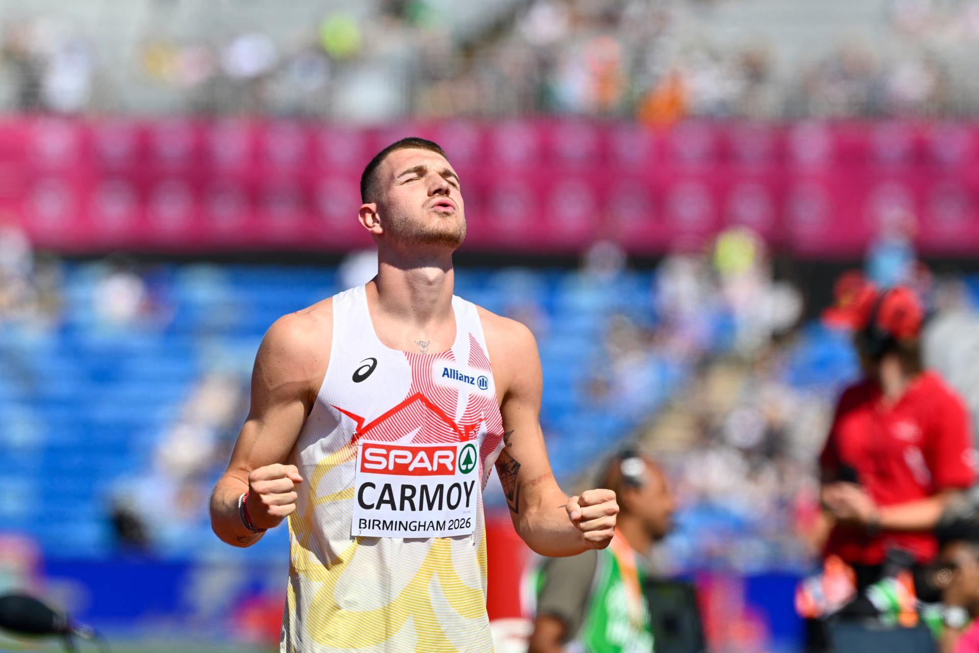 Belgian athlete Thomas Carmoy  celebrates after 2m23 as he qualified for the final during the Men High Jump qualification, on the second day of the European Athletics Championships (August 10-18) in Birmingham, United Kingdom, on Tuesday 11 August 2026. BELGA PHOTO ERIC LALMAND