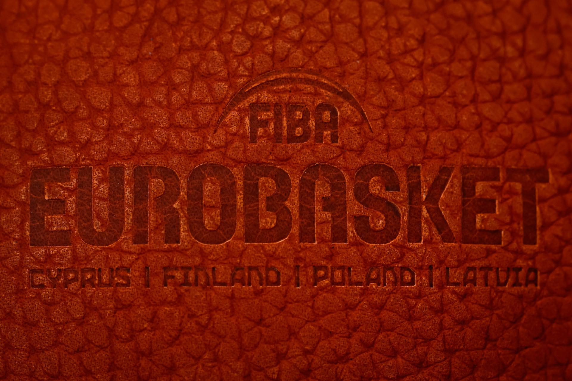 Illustration shows a basketball ball with the logo of FIBA Euro Basket, Thursday 21 August 2025 Euro is held in Cyprus, Finland, Poland and Latvia from August 27th to September 14th 2025. BELGA PHOTO WOJCIECH FIGURSKI - POLAND OUT -