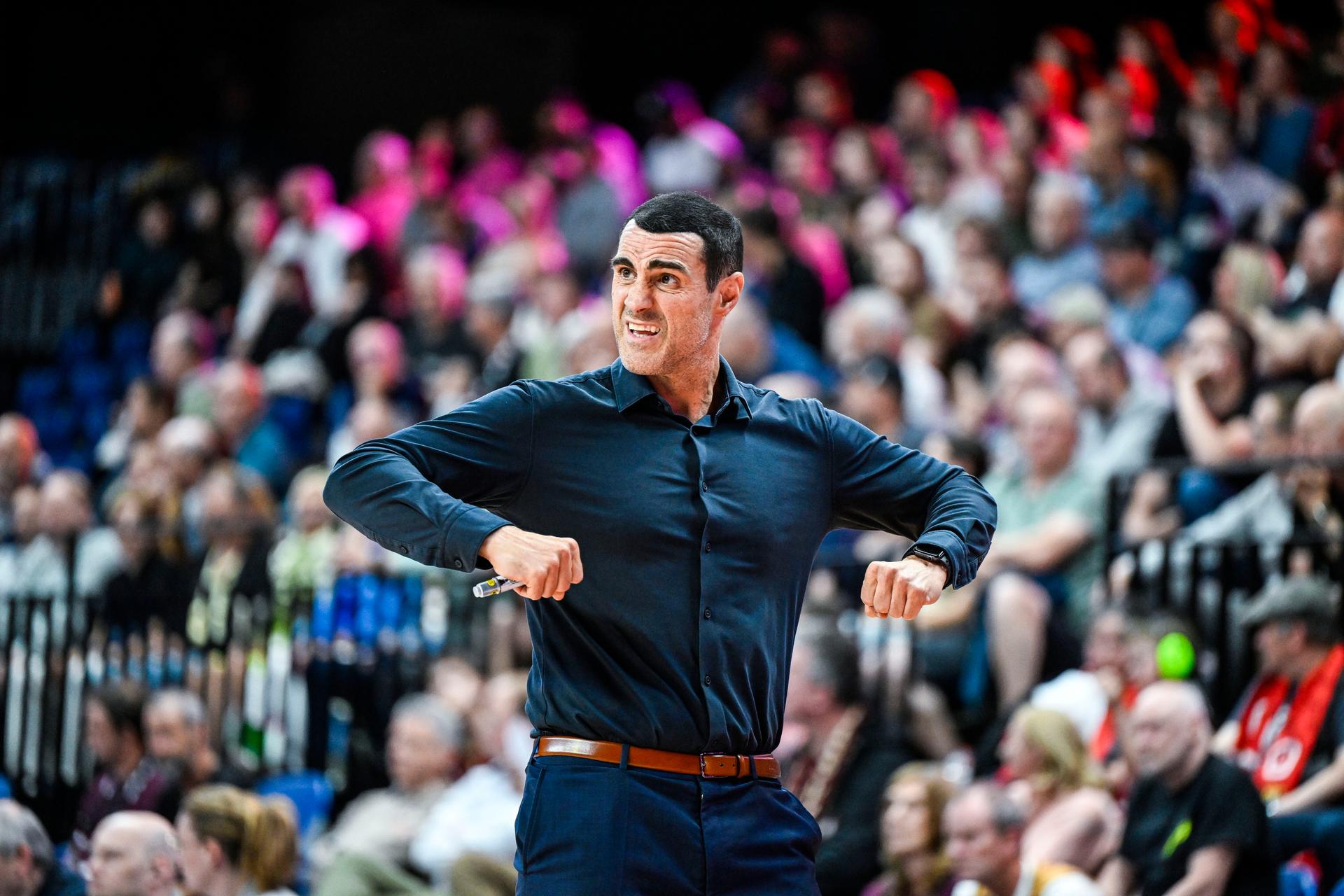 Antwerp's head coach Roel Moors pictured during a basketball match between Antwerp Giants and BC Oostende, Thursday 15 May 2025 in Antwerp, a quarter final game (2nd leg, best-of-3) in the playoffs of the 'BNXT League' Belgian/ Dutch first division basket championship. BELGA PHOTO TOM GOYVAERTS