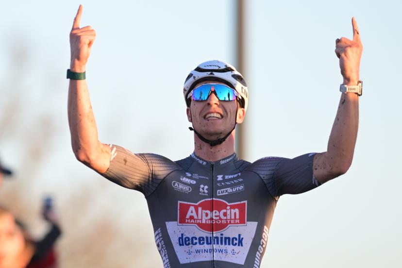 Belgian Niels Vandeputte celebrates as he crosses the finish line to win the men elite race at the 'Leiecross' cyclocross cycling event on Saturday 13 December 2025 in Kortrijk, the fourth stage (out of 7) in the Exact Cross competition. BELGA PHOTO DAVID PINTENS