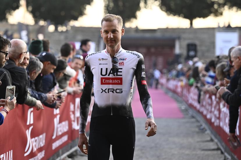 Belgian Tim Wellens of UAE Team Emirates and pictured during the team presentation for tomorrow's 'Strade Bianche' one day cycling race from and to Siena, Italy, . BELGA PHOTO DIRK WAEM