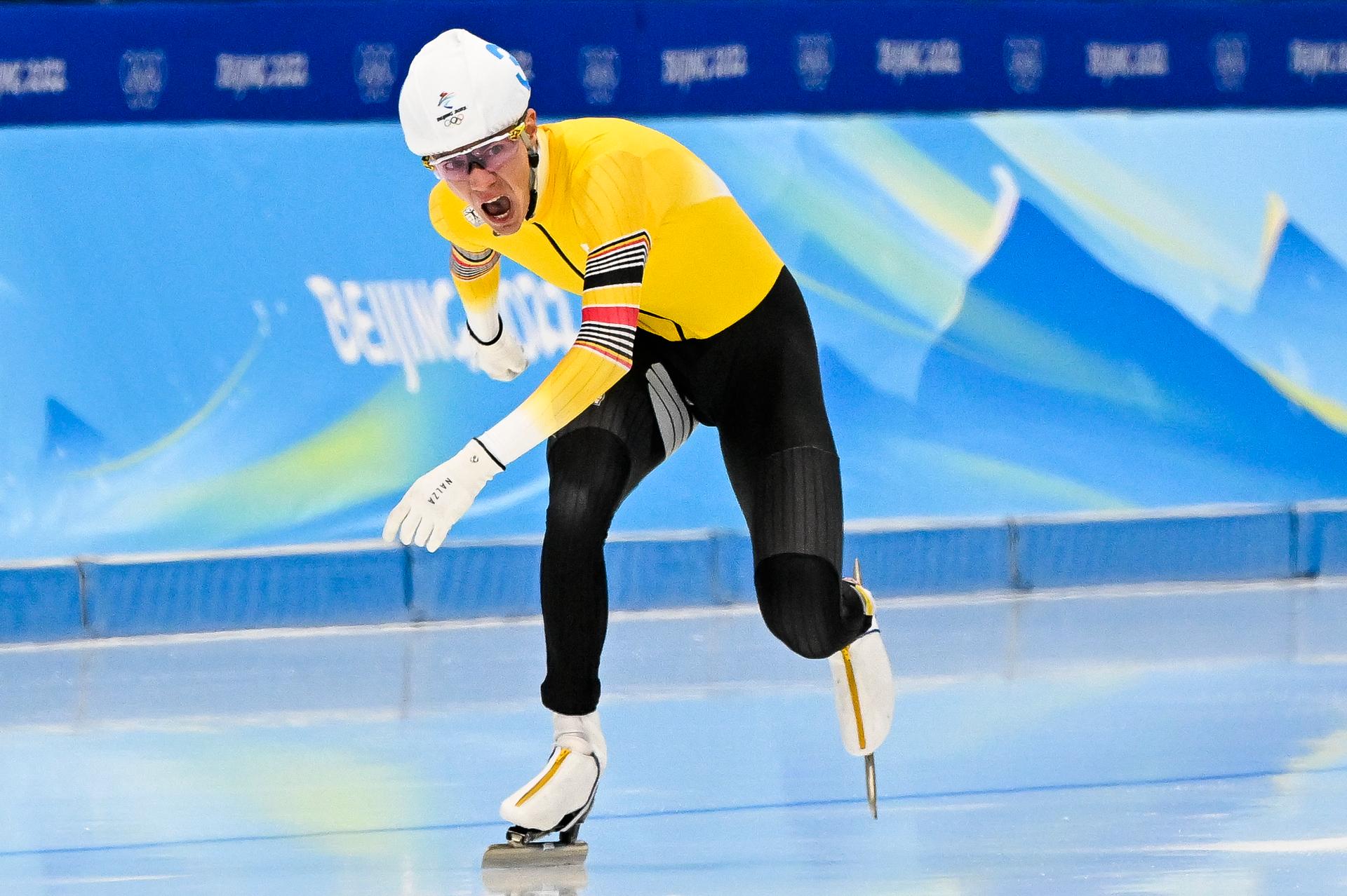 Belgian speed skater Bart Swings reacts ad he cross the finish line to win the final of the men's mass start speed skating event at the Beijing 2022 Winter Olympics in Beijing, China, Saturday 19 February 2022. The winter Olympics are taking place from 4 February to 20 February 2022. BELGA PHOTO LAURIE DIEFFEMBACQ