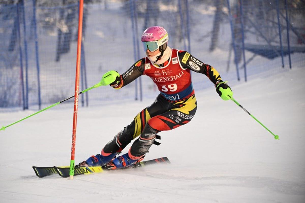 Belgium's Sam Maes competes during the first run of the men's slalom event of the FIS Alpine Skiing World Cup at the Levi Ski Centre in Kittila, Finland on November 16, 2025.  Roni Rekomaa / Lehtikuva / AFP