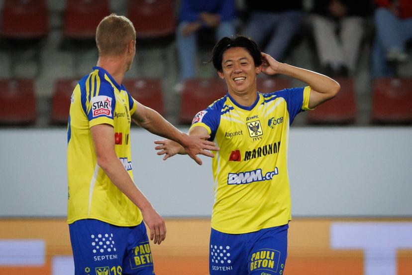 STVV's Rihito Yamamoto celebrates after scoring during a soccer match between SV Zulte Waregem and Sint-Truidense VV, Saturday 23 August 2025 in Waregem, on day 5 of the 2025-2026 'Jupiler Pro League' first division of the Belgian championship. BELGA PHOTO KURT DESPLENTER