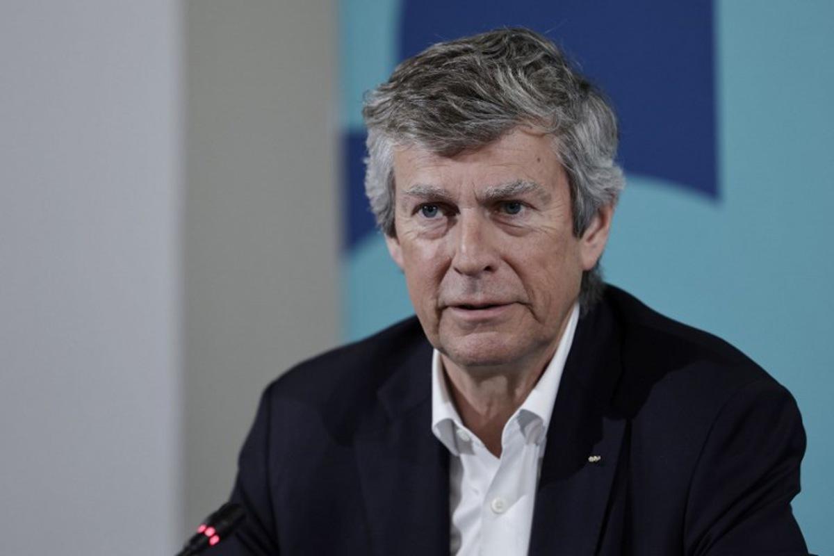 Pierre-Olivier Beckers-Vieujant, Chair of the International Olympic Committee's (IOC) Coordination Commission for the Olympic Games Paris 2024, speaks during a press conference of the International Olympic Committee (IOC) and of Paris-2024 in Saint-Denis, north of Paris, on March 8, 2024, ahead of the upcoming 2024 Olympic Games in Paris.   STEPHANE DE SAKUTIN / AFP