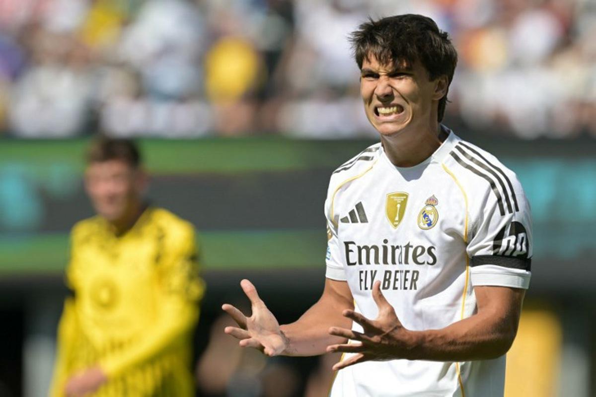 Real Madrid's Spanish forward #30 Gonzalo Garcia reacts during the FIFA Club World Cup 2025 quarterfinal football match between Spain's Real Madrid and Germany's Borussia Dortmund at the MetLife stadium in East Rutherford, New Jersey on July 5, 2025.  JUAN MABROMATA / AFP