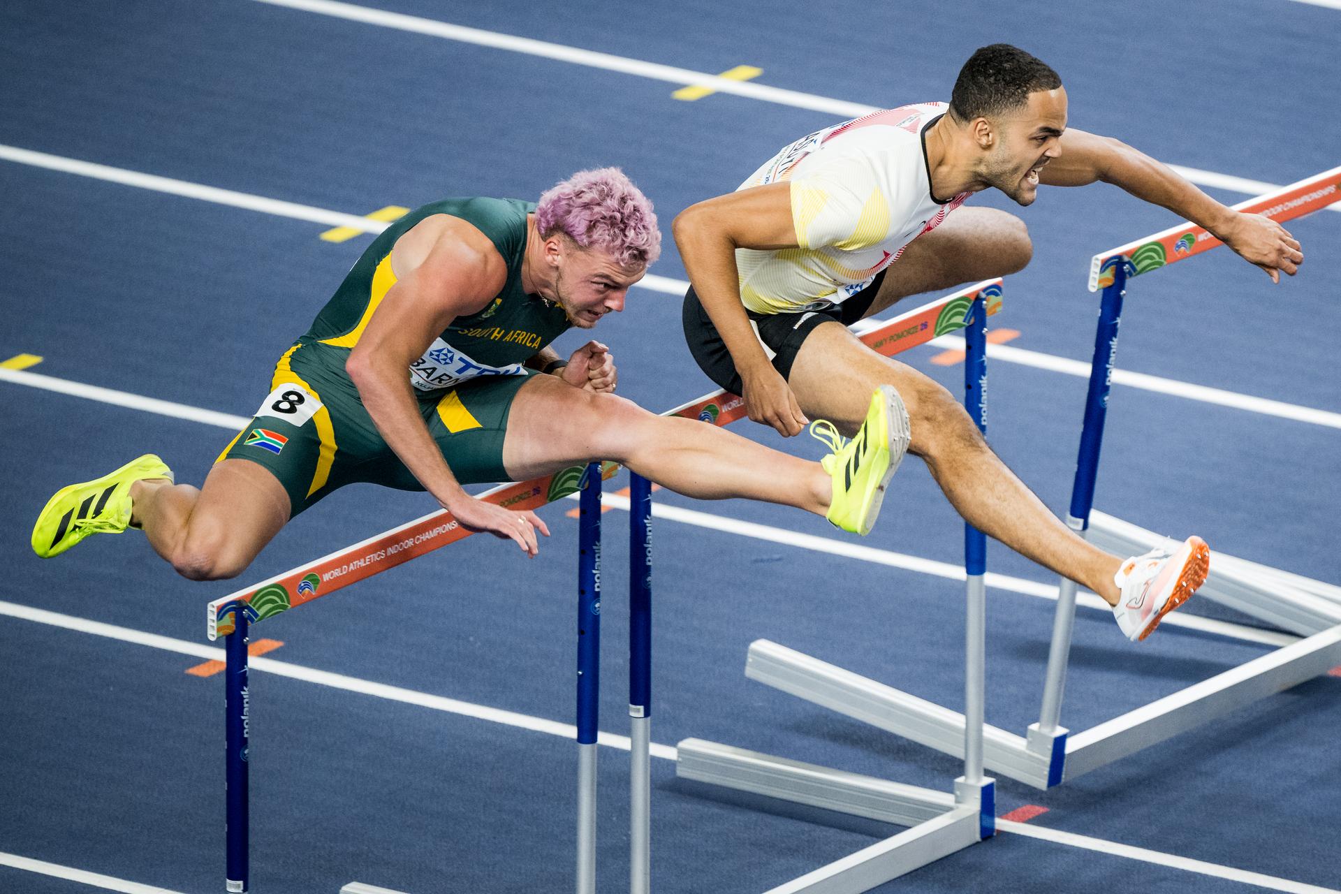 Belgian Michael Obasuyi pictured in action during the men's 60m hurdles, at the second day of the World Athletics Indoor Championship in Torun, Poland on Saturday 21 March 2026. The championships take place from 20 to 22 March. BELGA PHOTO JASPER JACOBS