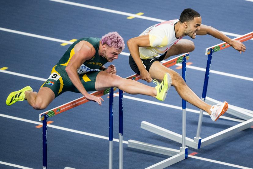 Belgian Michael Obasuyi pictured in action during the men's 60m hurdles, at the second day of the World Athletics Indoor Championship in Torun, Poland on Saturday 21 March 2026. The championships take place from 20 to 22 March. BELGA PHOTO JASPER JACOBS