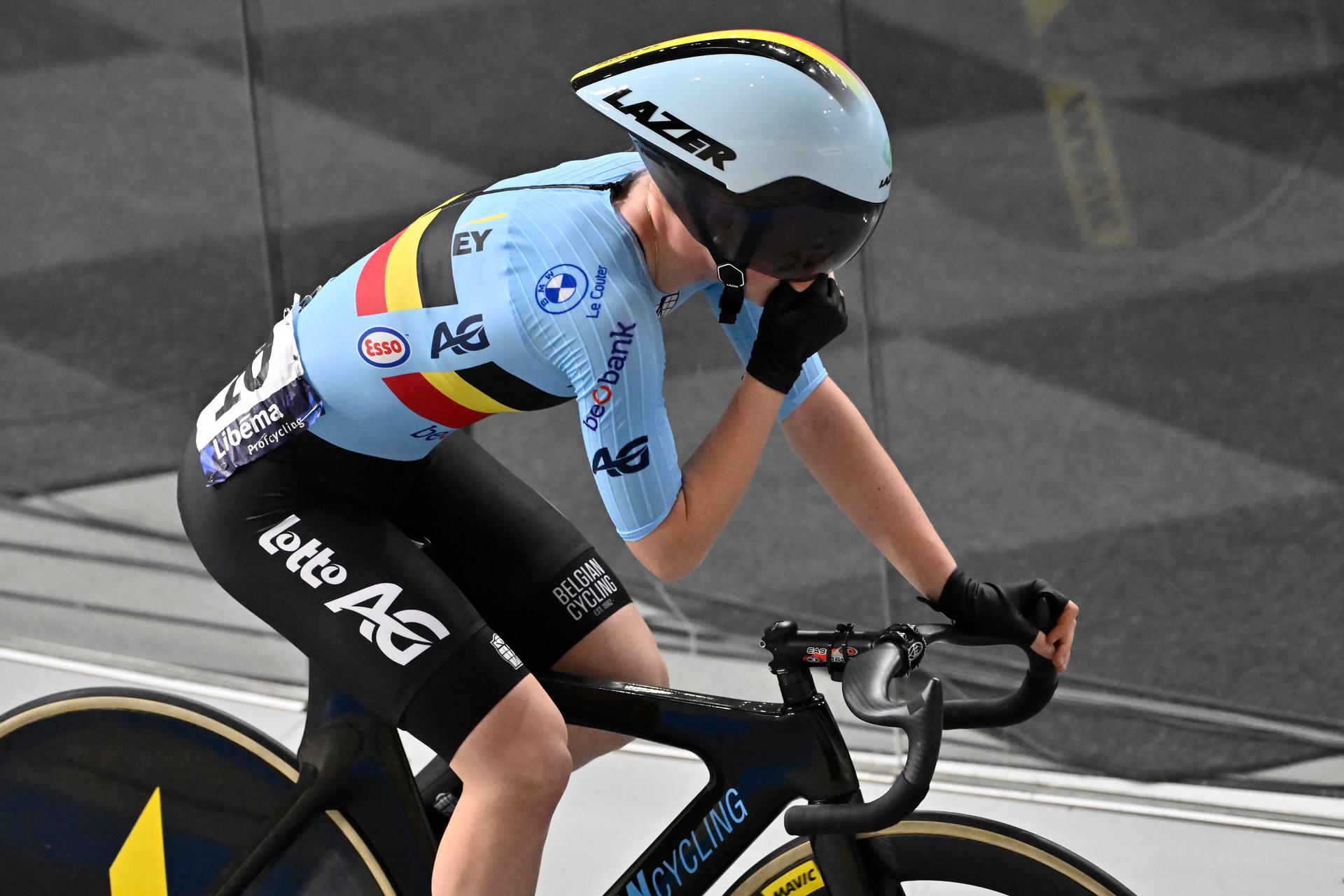 Belgian Lani Wittevrongel celebrates after winning a silver medal at the Women's Scratch Race at the 2024 UEC Track Elite European Championships in Apeldoorn, Netherlands, Thursday 11 January 2024. The European Championships take place from 10 to 14 January. BELGA PHOTO DIRK WAEM