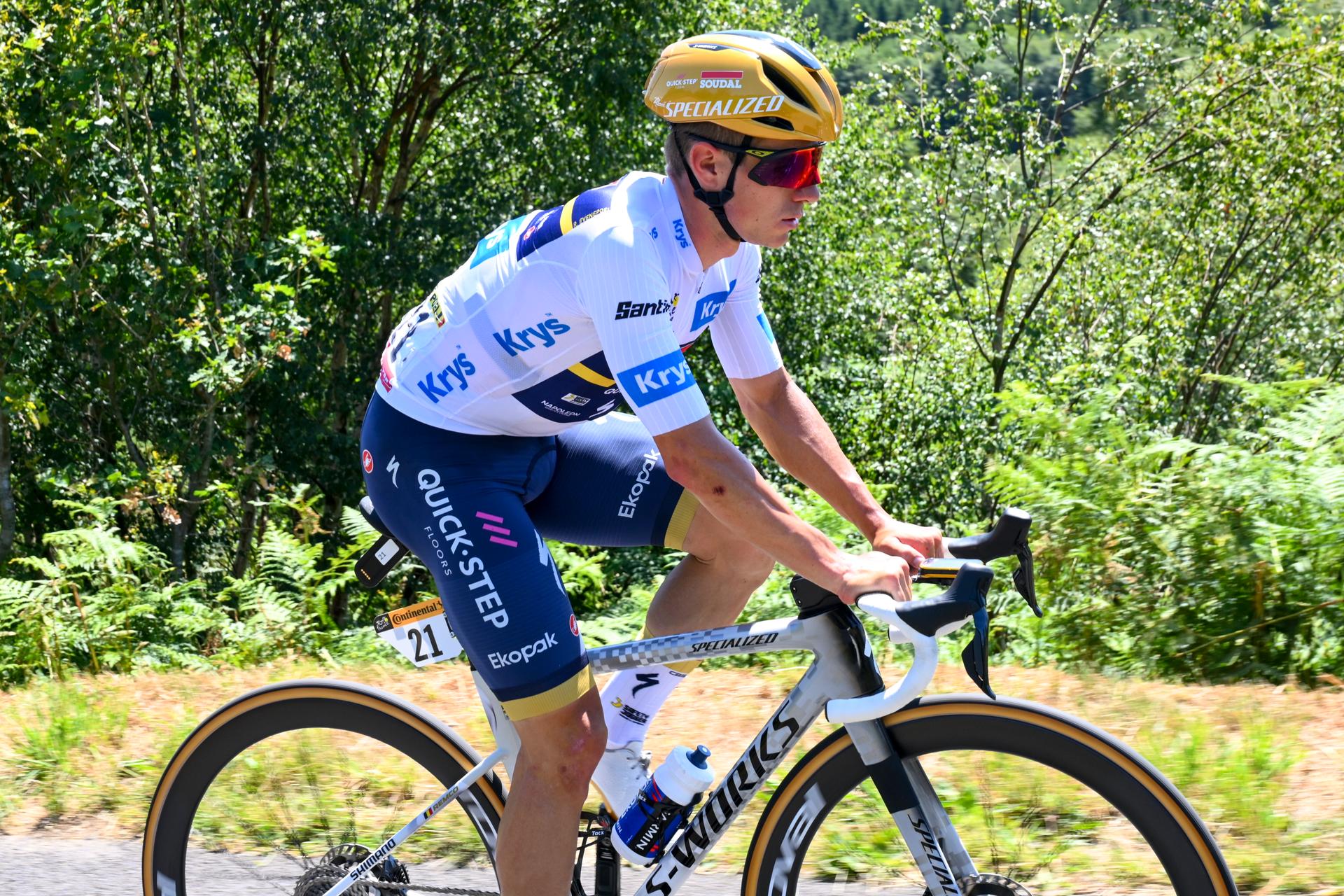 Belgian Remco Evenepoel of Soudal Quick-Step pictured in action during stage six of the 2025 Tour de France cycling, from Bayeux to Vire Normandie (201 km), on Thursday 10 July 2025 in France. The 112th edition of the Tour de France starts on Saturday 5 July in Lille, France, and will finish in Paris, France on the 27th of July. BELGA PHOTO POOL VINCENT KALUT