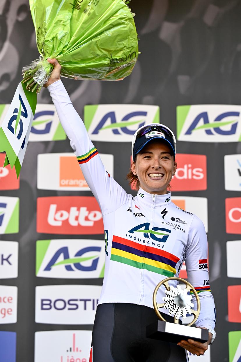 Kim Le Court celebrates on the podium after winning the women elite race of the Liege-Bastogne-Liege one day cycling event, 152,9km from Bastogne to Liege, Sunday 27 April 2025. BELGA PHOTO ERIC LALMAND
