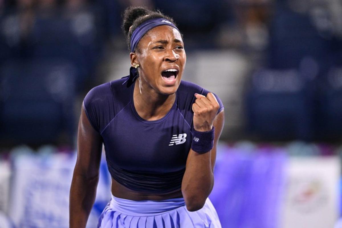 US' Coco Gauff reacts during her match against Ukraine's Elina Svitolina in the women's singles semi-final match  at the Dubai Duty Free Tennis tournament in Dubai on February 20, 2026.  Ryan Lim / AFP
