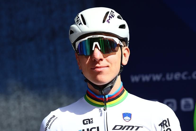 World champion Slovenia Tadej Pogacar pictured ahead of the Men Elite raod race, a 202,5 km from Privas to Guilherand-Granges, at the UEC road European cycling championships, Sunday 05 October 2025, France. The European cycling championships Drome-Ardeche takes place from 1 to 5 October, France. BELGA PHOTO DAVID PINTENS